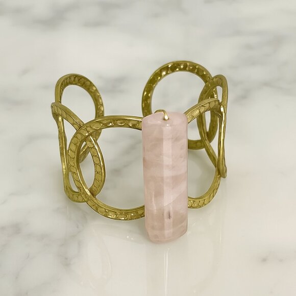 Custom Gold-Plated Pink Jade Stone Cuff Bracelet - Picture 1 of 1